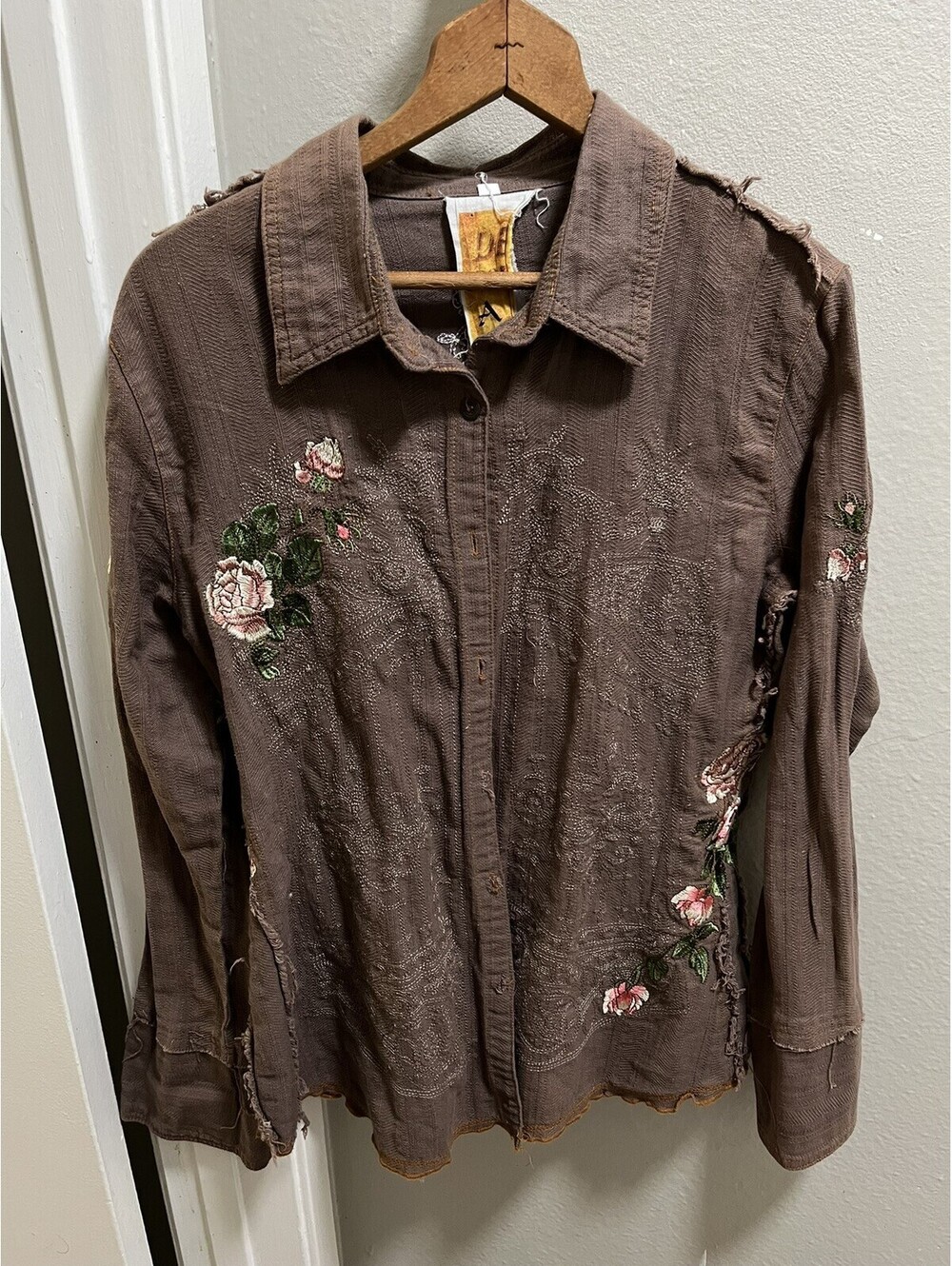 Y2K De Sport Aziza Brown Button Up Shirt Boho Embroidered M
